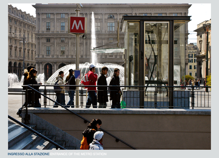 Stazione Metropolitana Genova P.de Ferrari, Atelier di Archiettura, Vincenzo Rossi, Renzo Truffelli, Metro Genova, Ingresso stazione, Piazza De ferrari